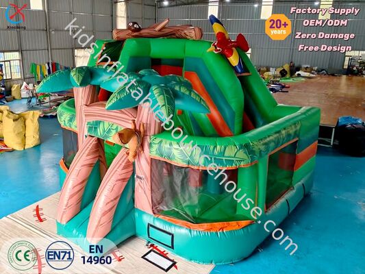 PVC Jungle Adventure Inflatable Bounce House With Slide Rainforest Monkey Palm Tree Design Kids Party